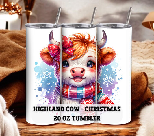 Highland Cow - Christmas 20 oz Skinny Tumbler with Straw - Stainless Steel, Eco-Friendly, Reusable Metal Straw - Lid Drink Drinkware Water Bottles