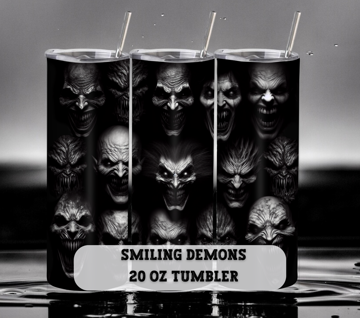 Smiling Demons 20 oz Skinny Tumbler with Straw - Stainless Steel, Eco-Friendly, Reusable Metal Straw - Lid Drink Drinkware Water Bottles