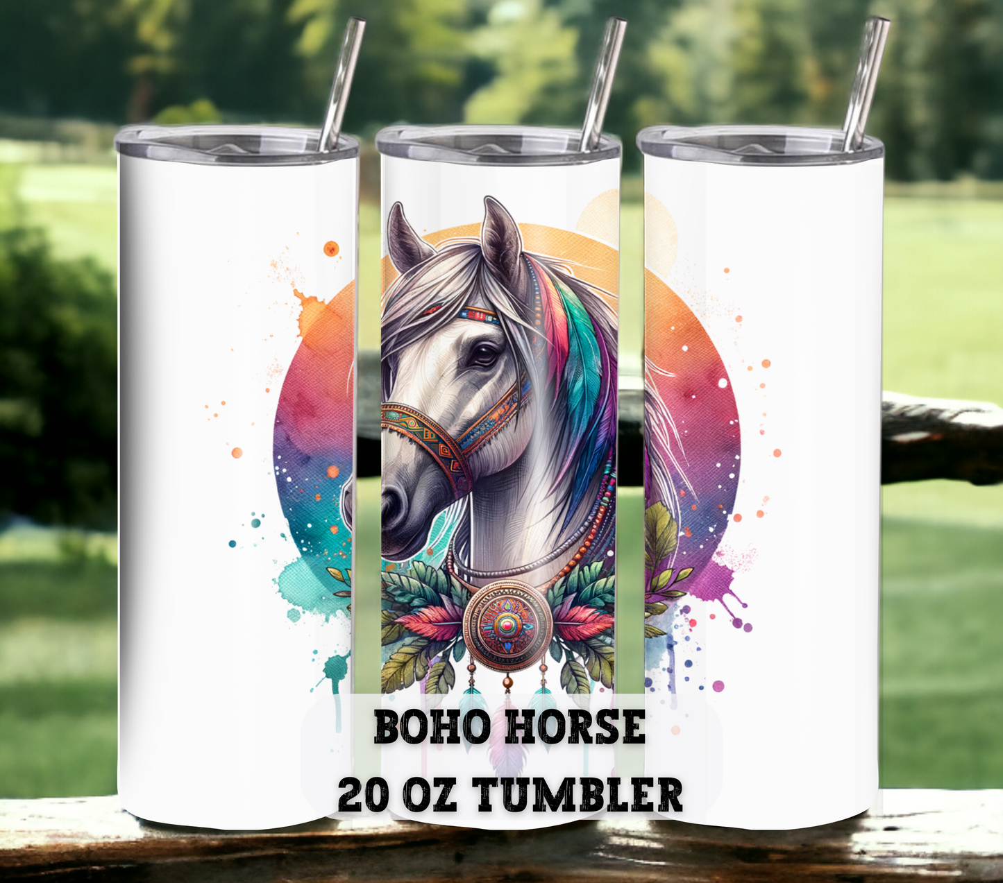 Boho Horse 20 oz Skinny Tumbler with Straw - Stainless Steel, Eco-Friendly, Reusable Metal Straw - Lid Drink Drinkware Water Bottles