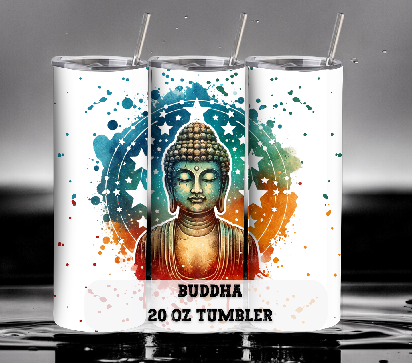 Buddha with Stars 20 oz Skinny Tumbler with Straw - Stainless Steel, Eco-Friendly, Reusable Metal Straw - Lid Drink Drinkware Water Bottles