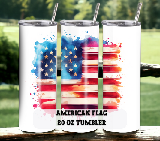 American Flag  20 oz Skinny Tumbler with Straw - Stainless Steel, Eco-Friendly, Reusable Metal Straw - Lid Drink Drinkware Water Bottles