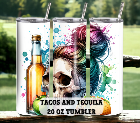 Tacos & Tequila 20 oz Skinny Tumbler with Straw - Stainless Steel, Eco-Friendly, Reusable Metal Straw - Lid Drink Drinkware Water Bottles