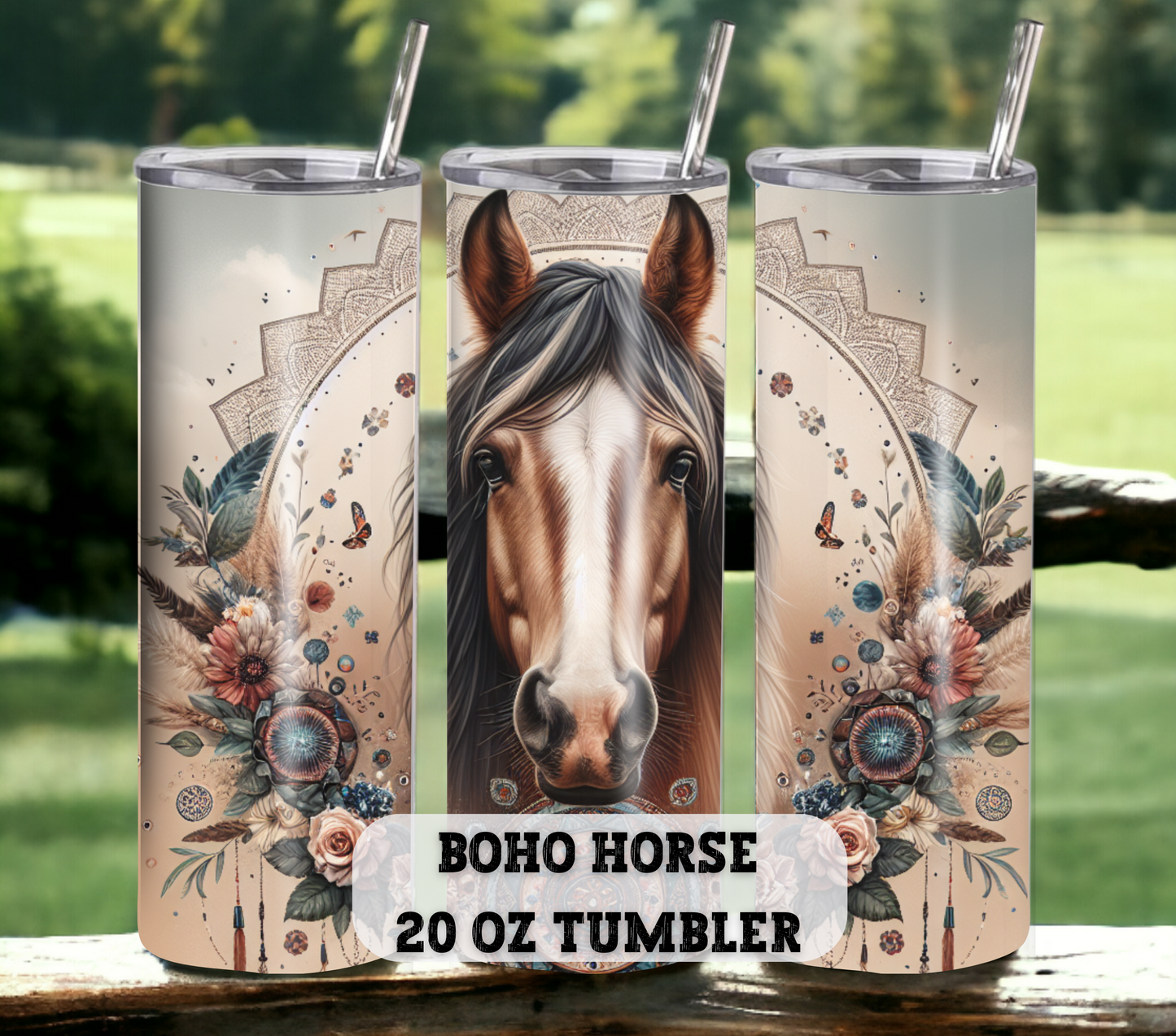 Boho Horse 20 oz Skinny Tumbler with Straw - Stainless Steel, Eco-Friendly, Reusable Metal Straw - Lid Drink Drinkware Water Bottles