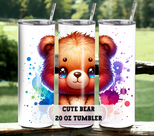 Cute Bear 20 oz Skinny Tumbler with Straw - Stainless Steel, Eco-Friendly, Reusable Metal Straw - Lid Drink Drinkware Water Bottles