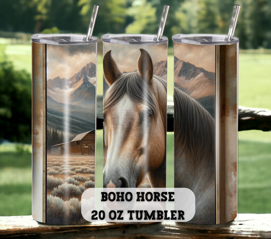 Boho Horse 20 oz Skinny Tumbler with Straw - Stainless Steel, Eco-Friendly, Reusable Metal Straw - Lid Drink Drinkware Water Bottles