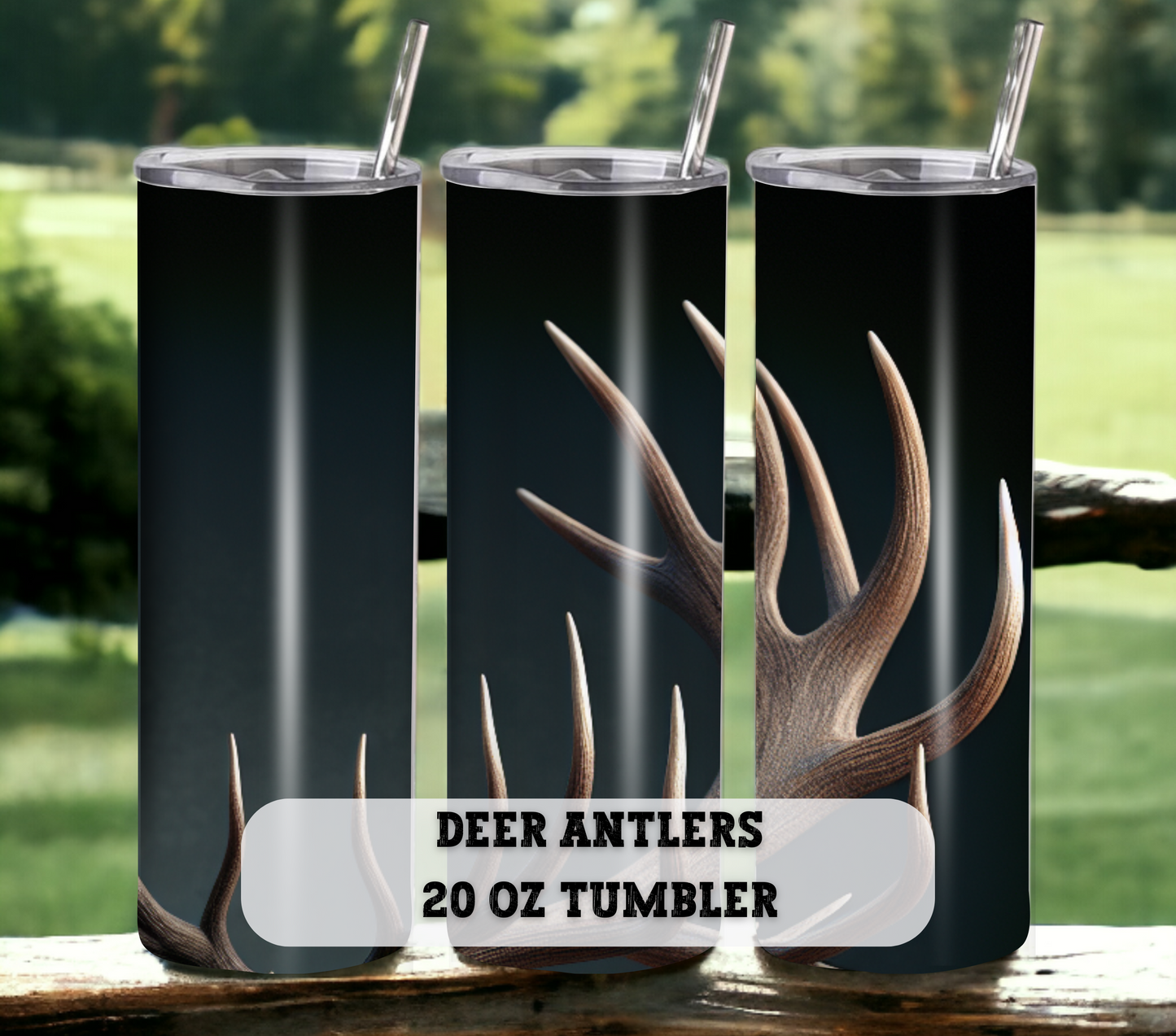 Deer Antlers 20 oz Skinny Tumbler with Straw - Stainless Steel, Eco-Friendly, Reusable Metal Straw - Lid Drink Drinkware Water Bottles