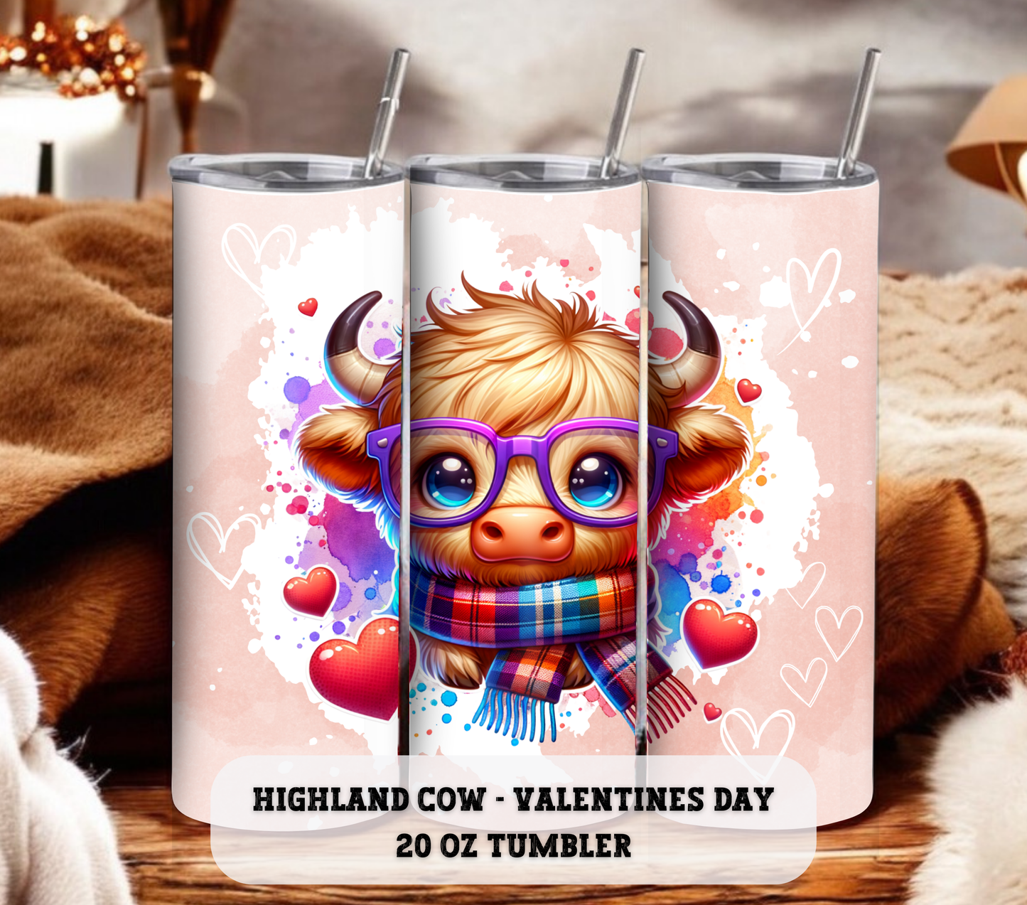 Cute Highland Cow - Valentines Day - 20 oz Skinny Tumbler with Straw - Stainless Steel, Eco-Friendly, Reusable Metal Straw - Lid Drink Drinkware Water Bottles