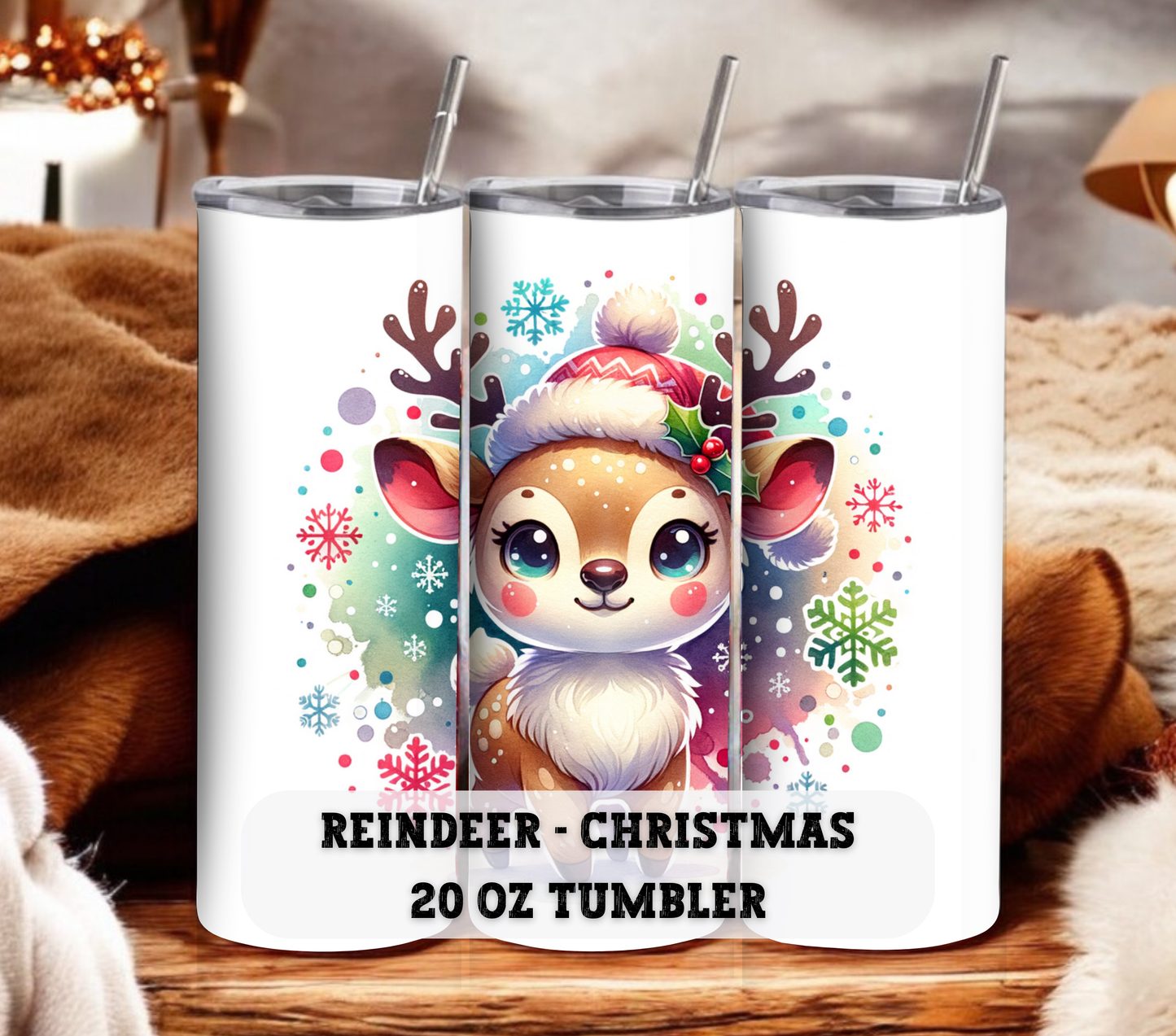 Reindeer - Christmas 20 oz Skinny Tumbler with Straw - Stainless Steel, Eco-Friendly, Reusable Metal Straw - Lid Drink Drinkware Water Bottles