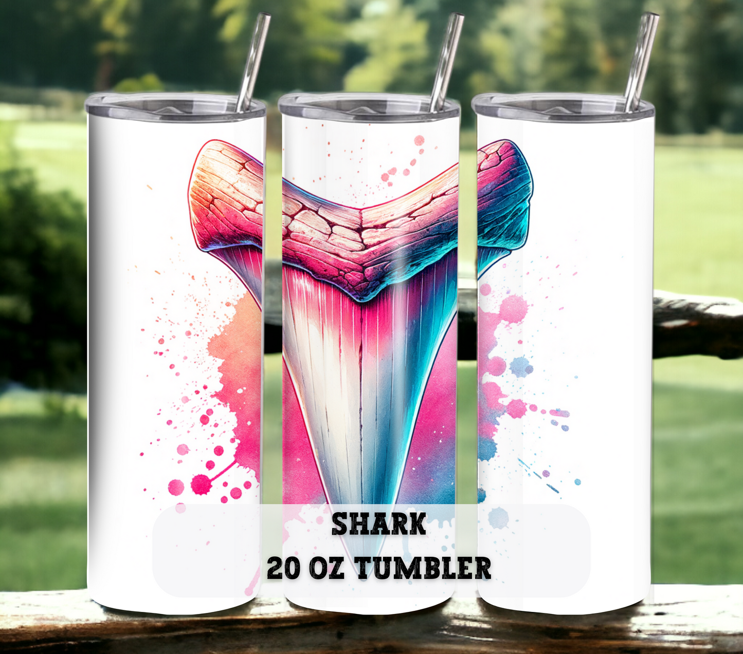 Shark Tooth 20 oz Skinny Tumbler with Straw - Stainless Steel, Eco-Friendly, Reusable Metal Straw - Lid Drink Drinkware Water Bottles