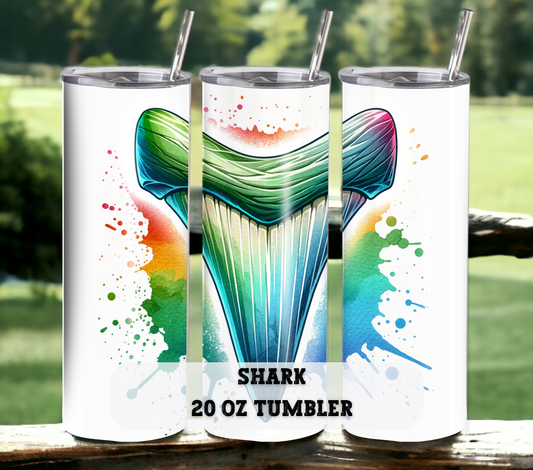 Shark Tooth 20 oz Skinny Tumbler with Straw - Stainless Steel, Eco-Friendly, Reusable Metal Straw - Lid Drink Drinkware Water Bottles