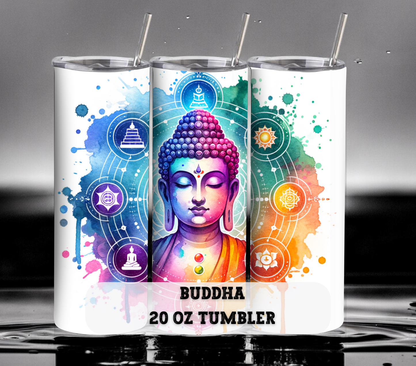 Buddha with Chakras 20 oz Skinny Tumbler with Straw - Stainless Steel, Eco-Friendly, Reusable Metal Straw - Lid Drink Drinkware Water Bottles