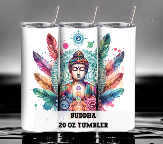 Buddha with Chakras and Feathers 20 oz Skinny Tumbler with Straw - Stainless Steel, Eco-Friendly, Reusable Metal Straw - Lid Drink Drinkware Water Bottles