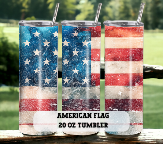 American Flag  20 oz Skinny Tumbler with Straw - Stainless Steel, Eco-Friendly, Reusable Metal Straw - Lid Drink Drinkware Water Bottles