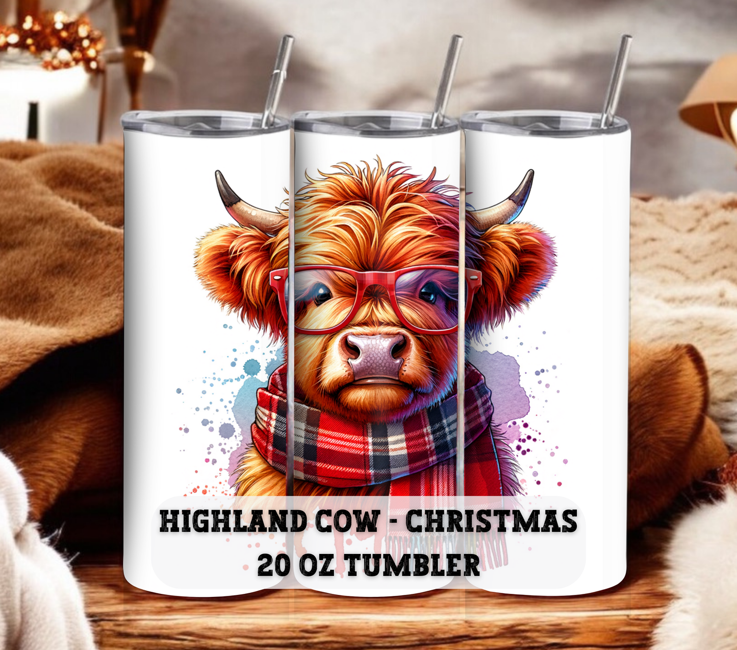 Highland Cow - Christmas 20 oz Skinny Tumbler with Straw - Stainless Steel, Eco-Friendly, Reusable Metal Straw - Lid Drink Drinkware Water Bottles