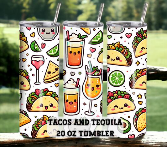 Tacos & Tequila 20 oz Skinny Tumbler with Straw - Stainless Steel, Eco-Friendly, Reusable Metal Straw - Lid Drink Drinkware Water Bottles