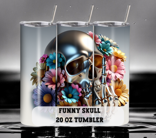 Funny Middle Finger Skull 20 oz Skinny Tumbler with Straw - Stainless Steel, Eco-Friendly, Reusable Metal Straw - Lid Drink Drinkware Water Bottles