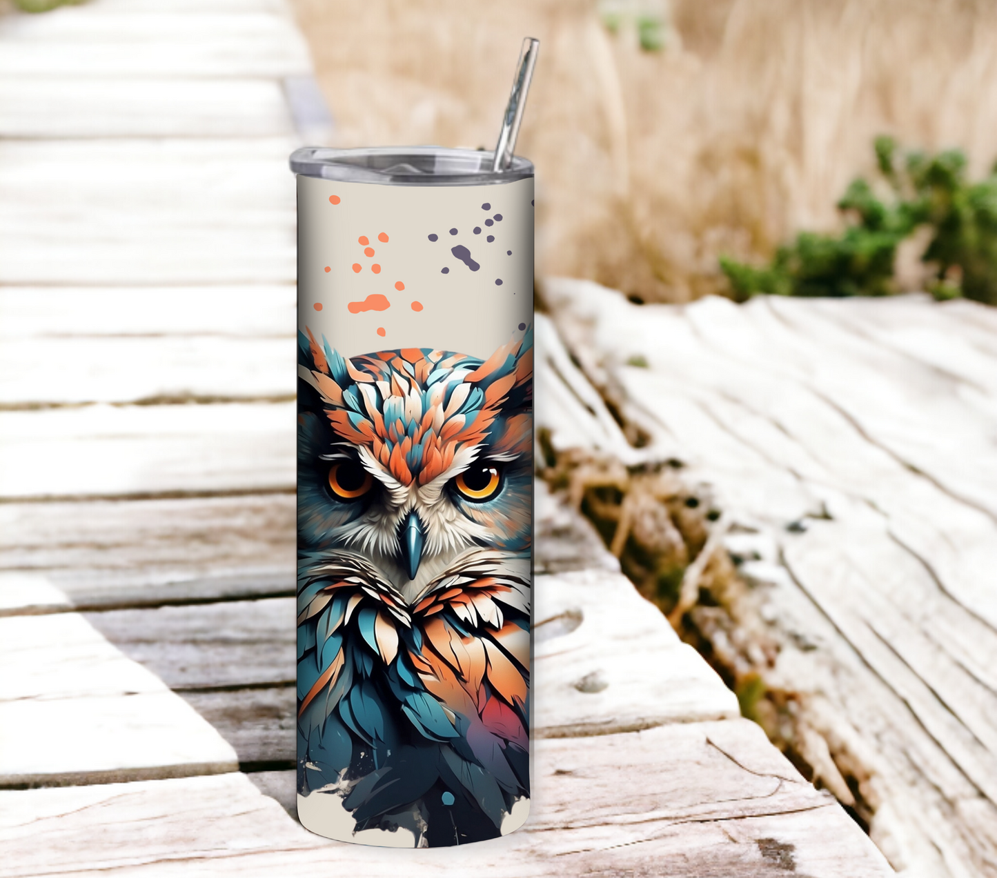 Owl 20 oz Skinny Tumbler with Straw - Stainless Steel, Eco-Friendly, Reusable Metal Straw - Lid Drink Drinkware Water Bottles