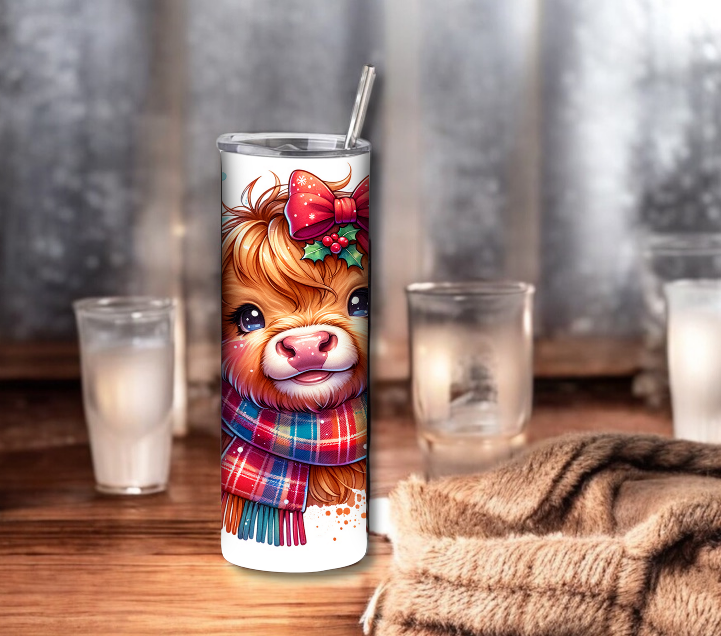 Highland Cow - Christmas 20 oz Skinny Tumbler with Straw - Stainless Steel, Eco-Friendly, Reusable Metal Straw - Lid Drink Drinkware Water Bottles