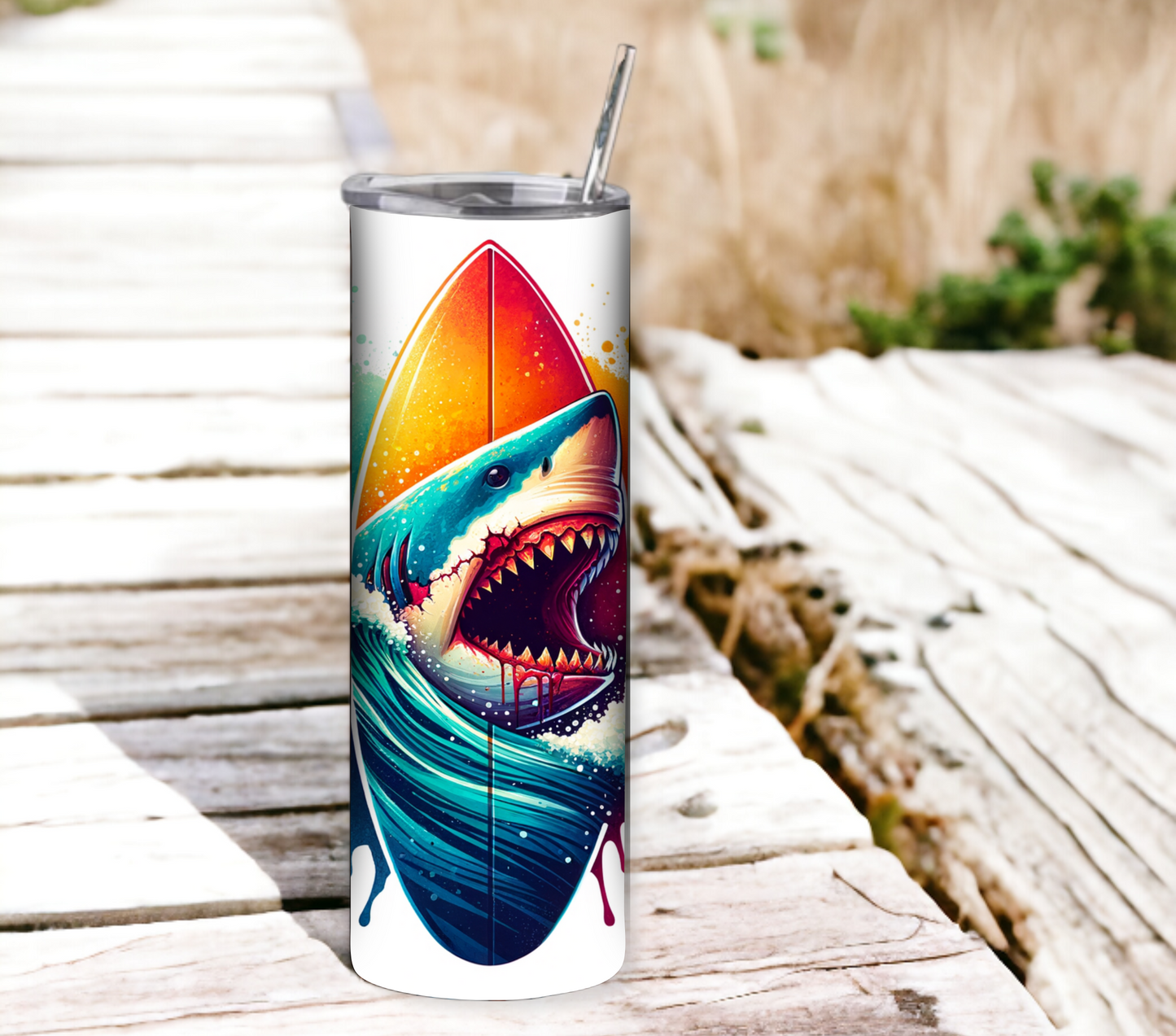 Shark Surfboard 20 oz Skinny Tumbler with Straw - Stainless Steel, Eco-Friendly, Reusable Metal Straw - Lid Drink Drinkware Water Bottles