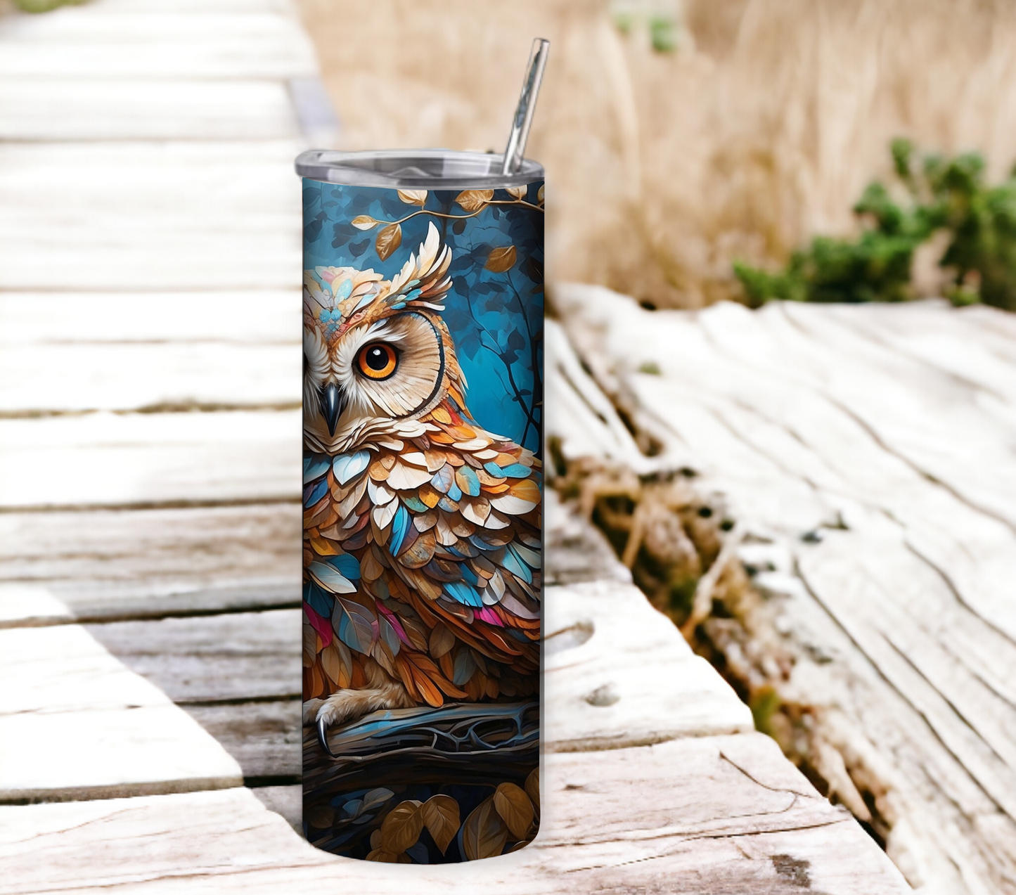 Owl 20 oz Skinny Tumbler with Straw - Stainless Steel, Eco-Friendly, Reusable Metal Straw - Lid Drink Drinkware Water Bottles