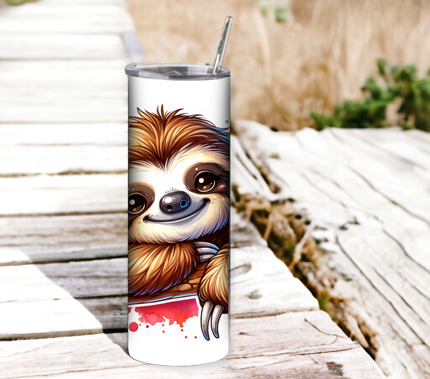 Sloth 20 oz Skinny Tumbler with Straw - Stainless Steel, Eco-Friendly, Reusable Metal Straw - Lid Drink Drinkware Water Bottles