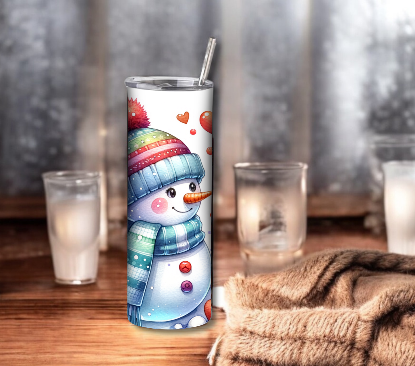 Snowman - Valentines Day - 20 oz Skinny Tumbler with Straw - Stainless Steel, Eco-Friendly, Reusable Metal Straw - Lid Drink Drinkware Water Bottles