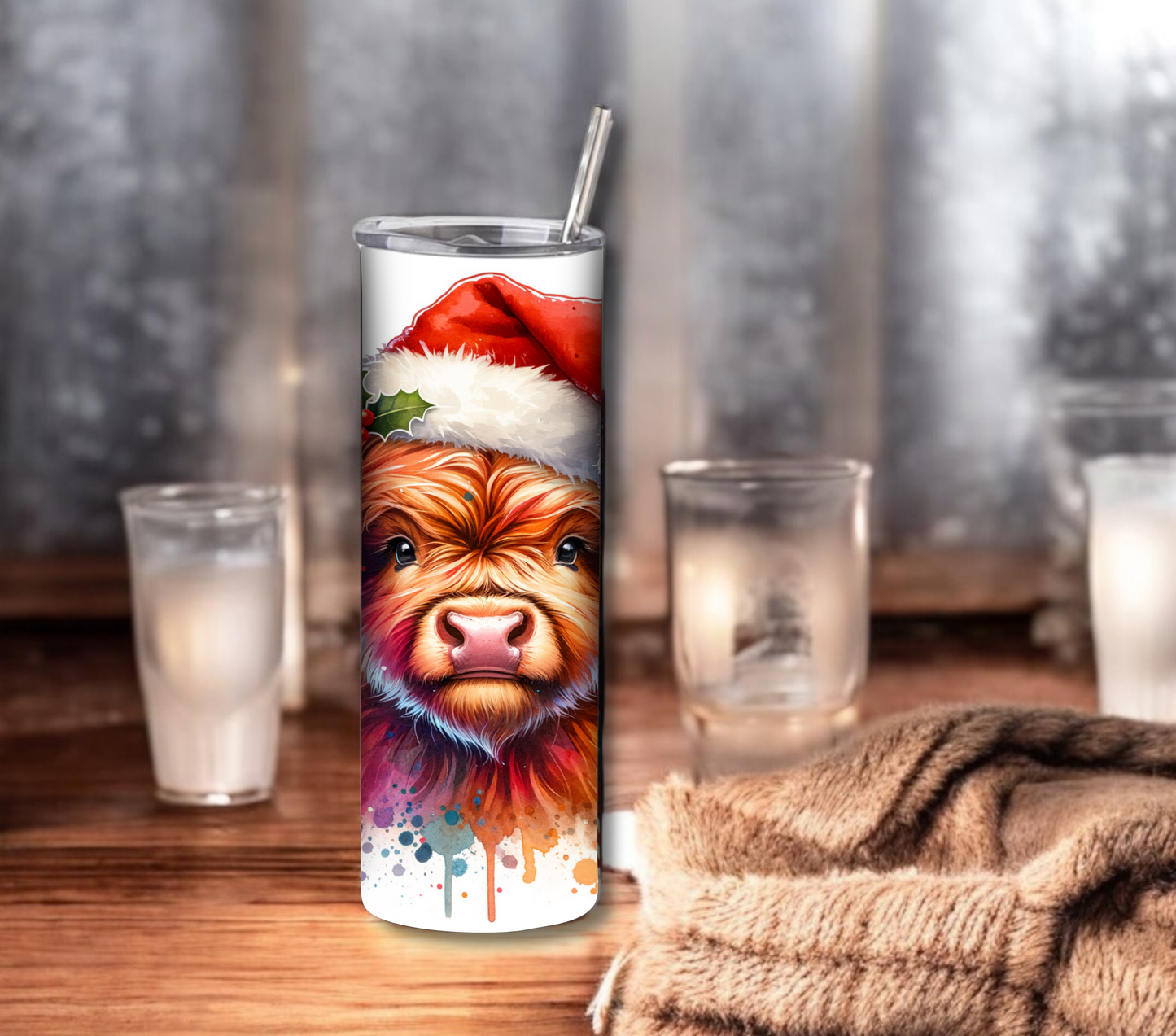 Highland Cow - Christmas 20 oz Skinny Tumbler with Straw - Stainless Steel, Eco-Friendly, Reusable Metal Straw - Lid Drink Drinkware Water Bottles