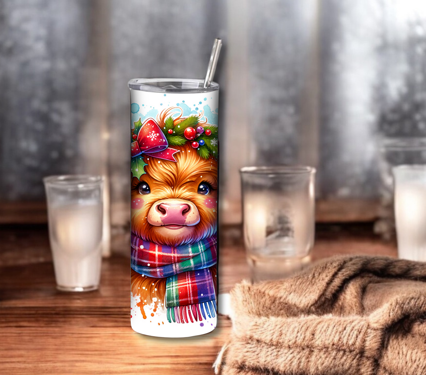 Highland Cow - Christmas 20 oz Skinny Tumbler with Straw - Stainless Steel, Eco-Friendly, Reusable Metal Straw - Lid Drink Drinkware Water Bottles