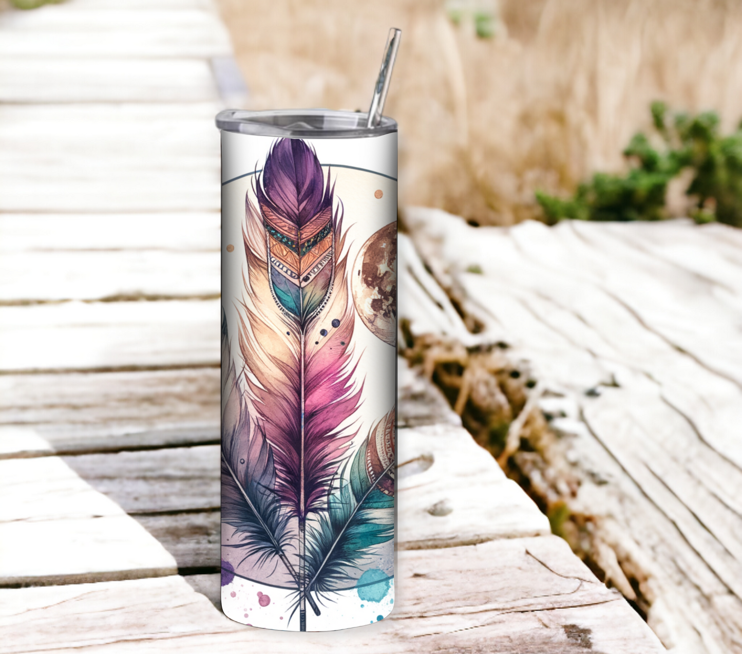 Dreamcatcher 20 oz Skinny Tumbler with Straw - Stainless Steel, Eco-Friendly, Reusable Metal Straw - Lid Drink Drinkware Water Bottles