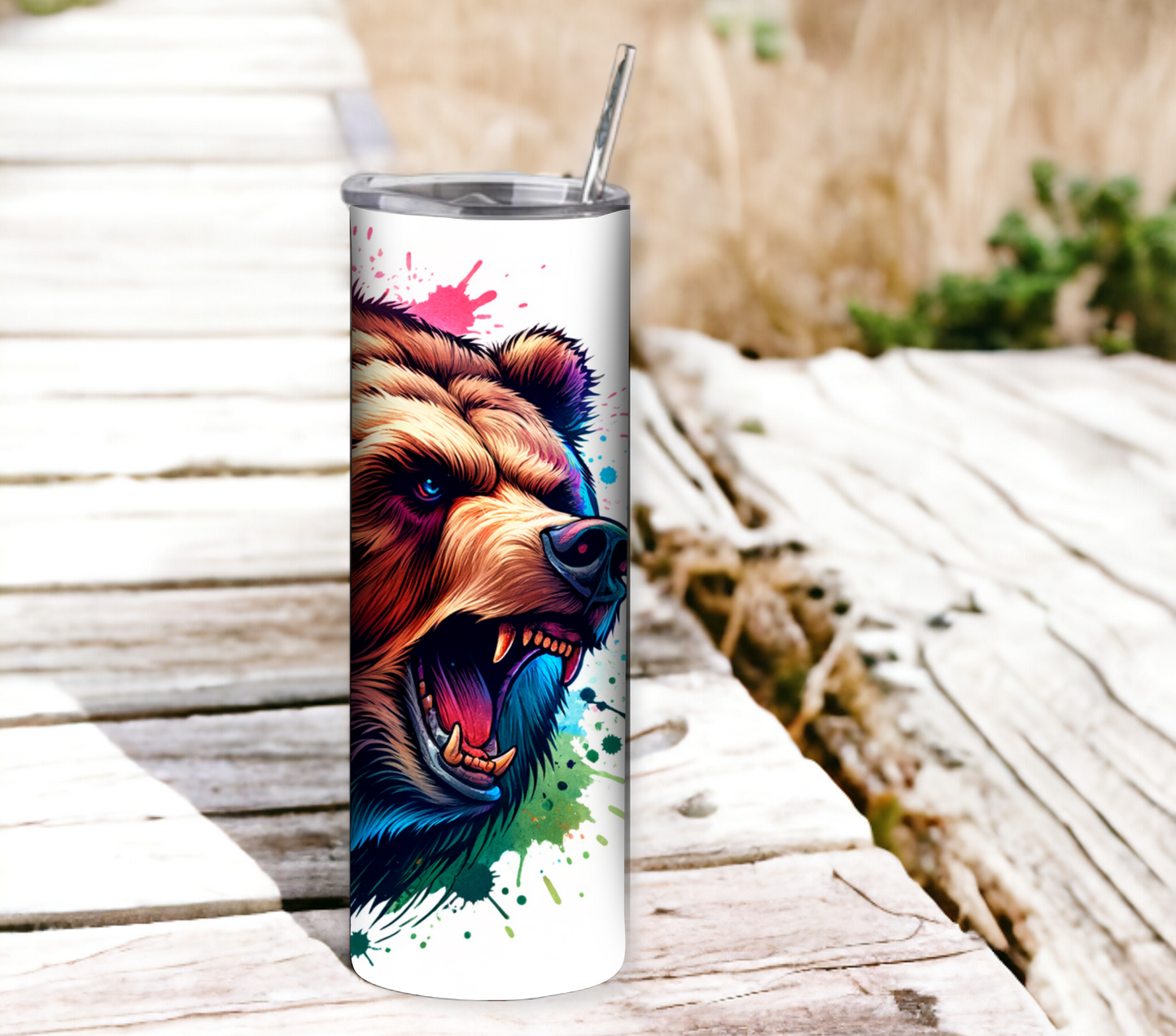 Colorful Bear 20 oz Skinny Tumbler with Straw - Stainless Steel, Eco-Friendly, Reusable Metal Straw - Lid Drink Drinkware Water Bottles