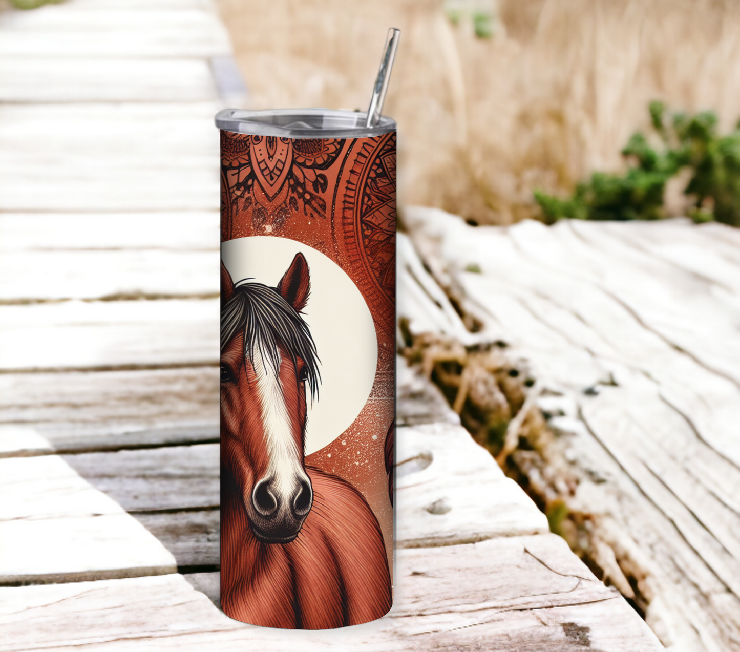 Boho Horse 20 oz Skinny Tumbler with Straw - Stainless Steel, Eco-Friendly, Reusable Metal Straw - Lid Drink Drinkware Water Bottles