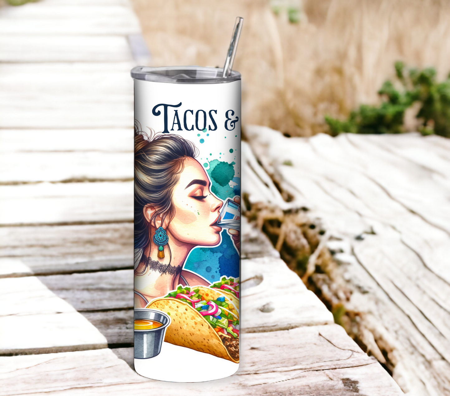 Tacos & Tequila 20 oz Skinny Tumbler with Straw - Stainless Steel, Eco-Friendly, Reusable Metal Straw - Lid Drink Drinkware Water Bottles