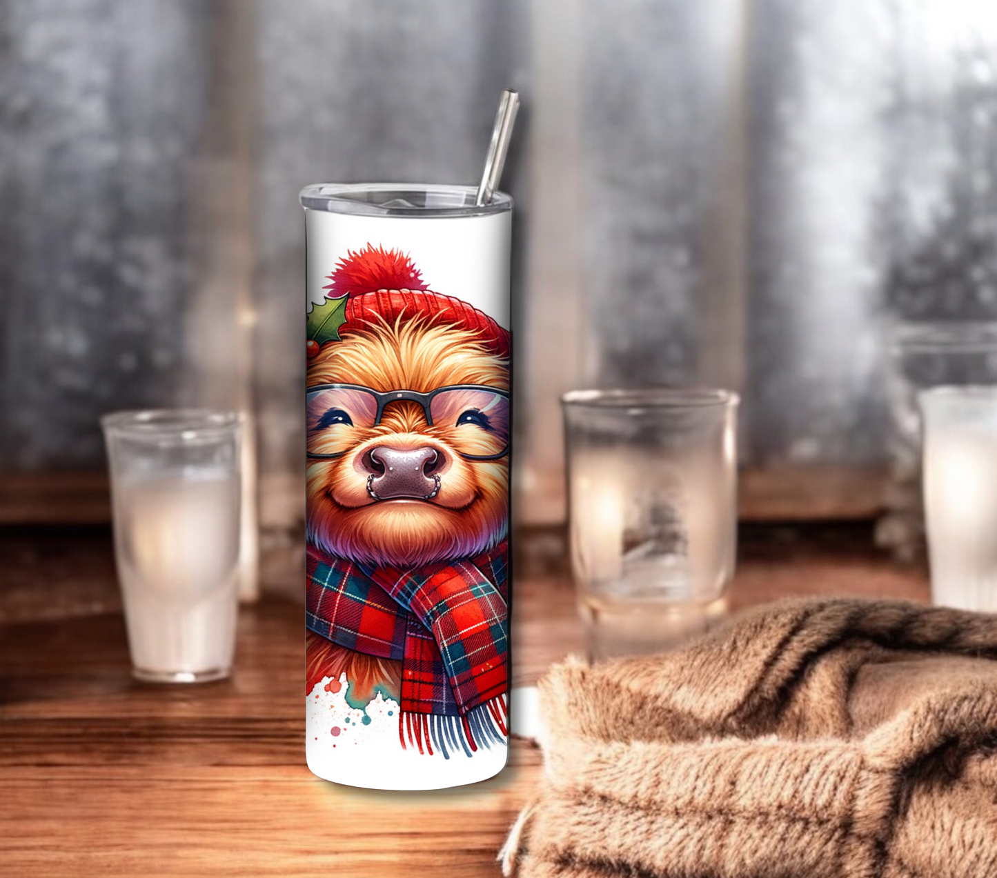 Highland Cow - Christmas 20 oz Skinny Tumbler with Straw - Stainless Steel, Eco-Friendly, Reusable Metal Straw - Lid Drink Drinkware Water Bottles