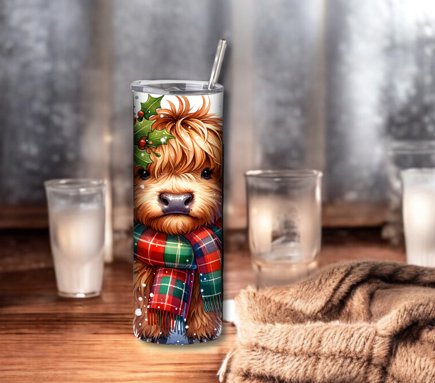 Highland Cow - Christmas 20 oz Skinny Tumbler with Straw - Stainless Steel, Eco-Friendly, Reusable Metal Straw - Lid Drink Drinkware Water Bottles