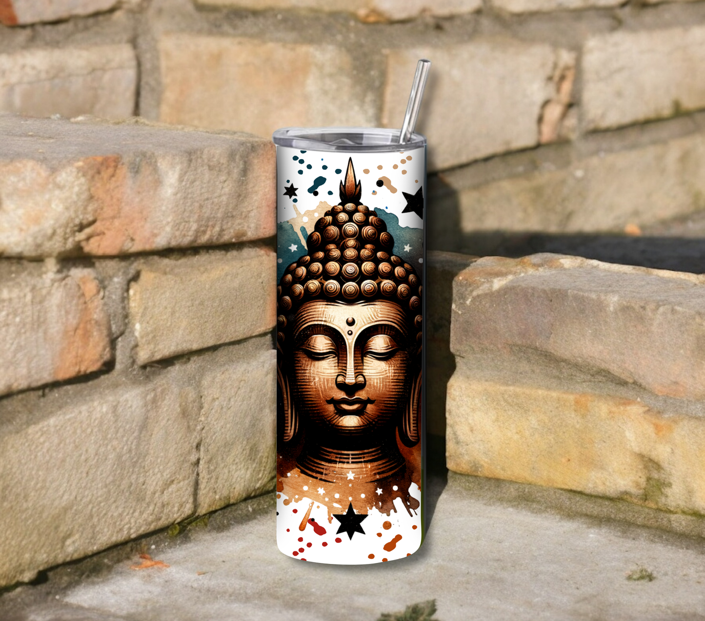 Buddha with Stars 20 oz Skinny Tumbler with Straw - Stainless Steel, Eco-Friendly, Reusable Metal Straw - Lid Drink Drinkware Water Bottles