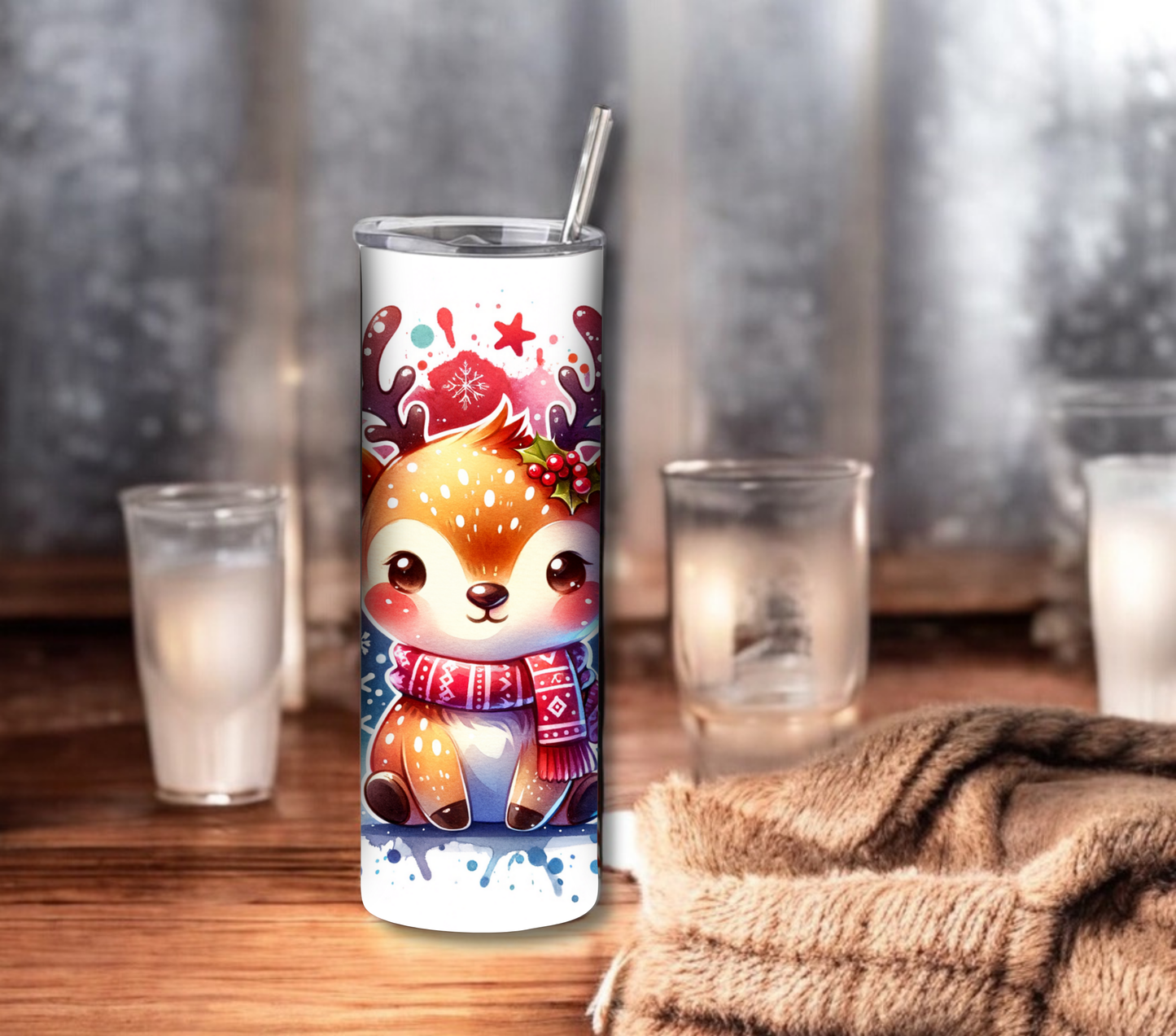 Reindeer - Christmas 20 oz Skinny Tumbler with Straw - Stainless Steel, Eco-Friendly, Reusable Metal Straw - Lid Drink Drinkware Water Bottles