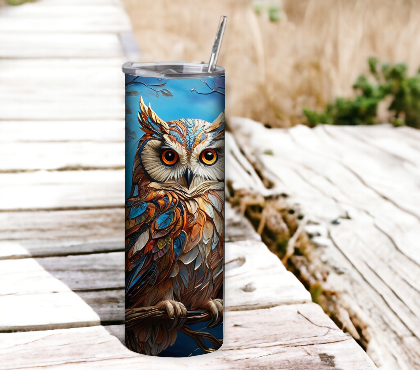 Owl 20 oz Skinny Tumbler with Straw - Stainless Steel, Eco-Friendly, Reusable Metal Straw - Lid Drink Drinkware Water Bottles