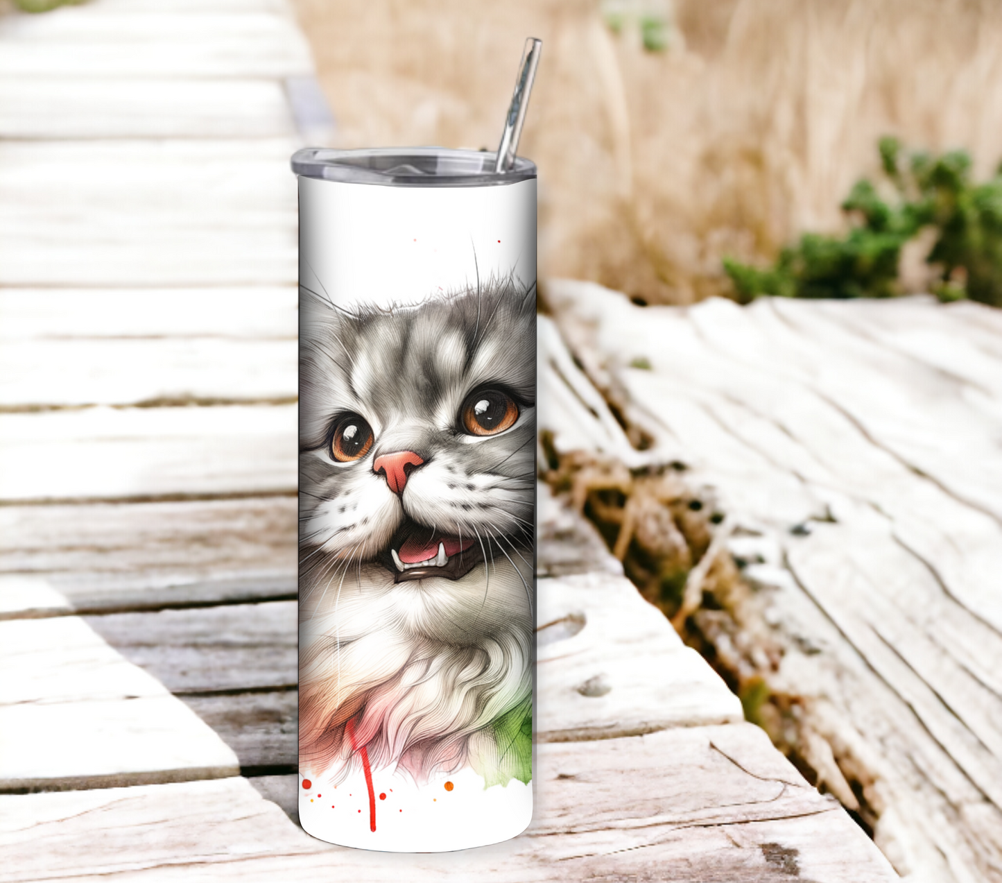 Cat Lovers 20 oz Skinny Tumbler with Straw - Stainless Steel, Eco-Friendly, Reusable Metal Straw - Lid Drink Drinkware Water Bottles