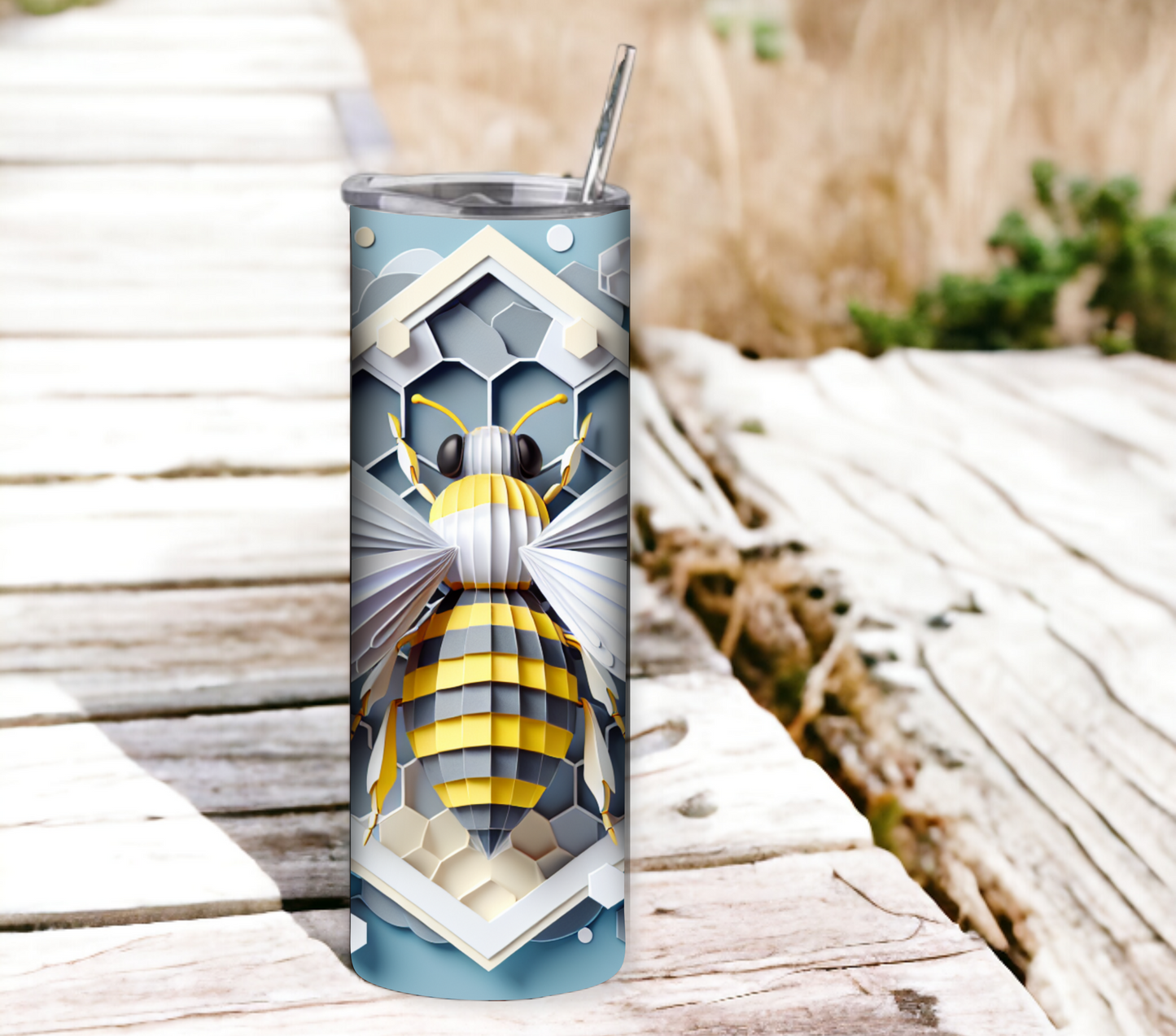 3D Bee with Honeycomb - BLUE 20 oz Skinny Tumbler with Straw - Stainless Steel, Eco-Friendly, Reusable Metal Straw - Lid Drink Drinkware Water Bottles