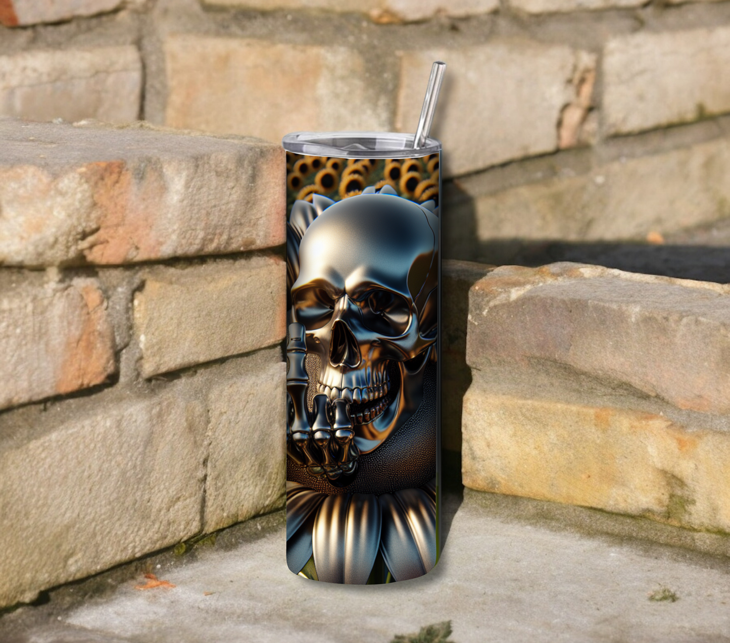 Funny Middle Finger Skull 20 oz Skinny Tumbler with Straw - Stainless Steel, Eco-Friendly, Reusable Metal Straw - Lid Drink Drinkware Water Bottles