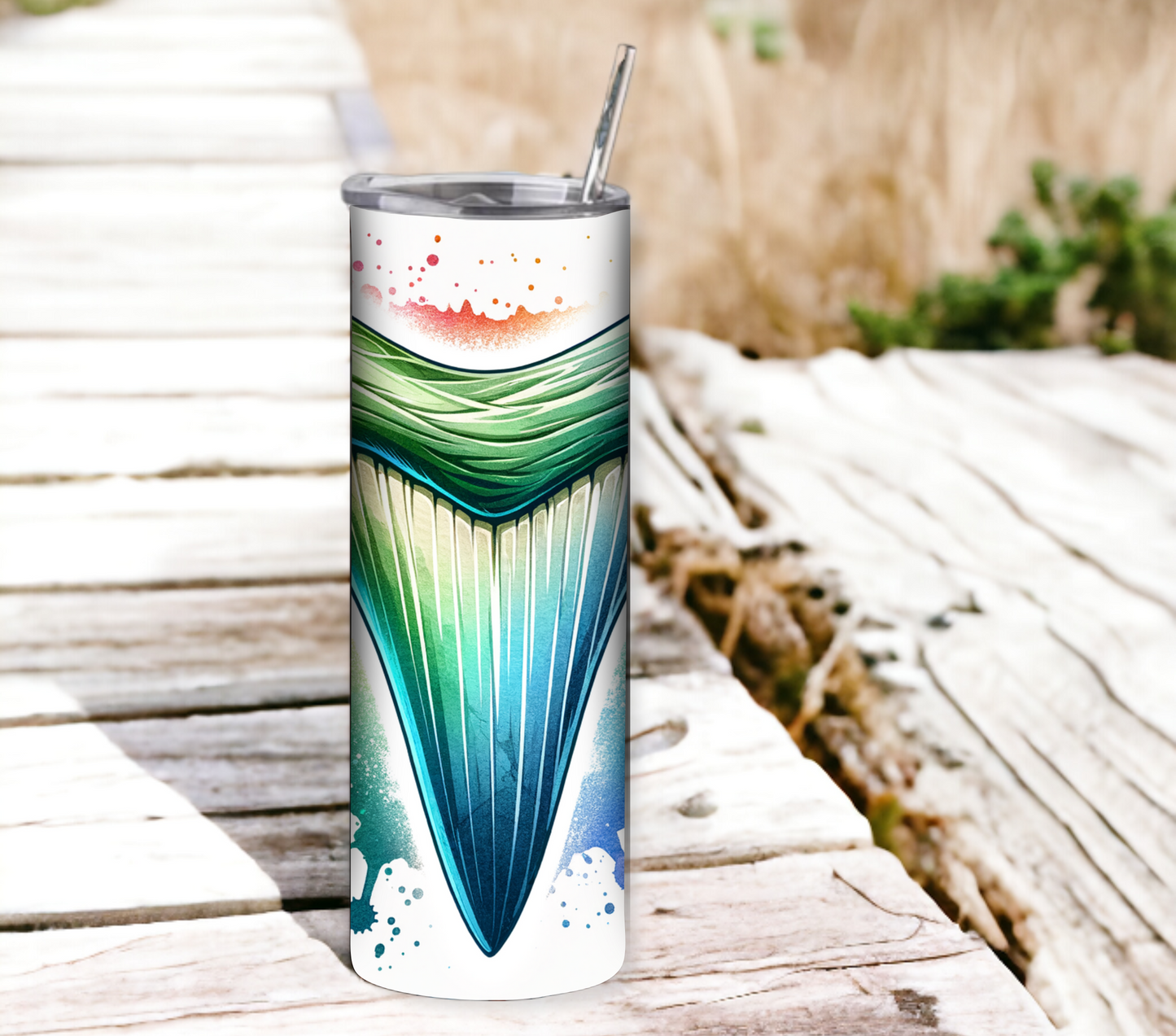 Shark Tooth 20 oz Skinny Tumbler with Straw - Stainless Steel, Eco-Friendly, Reusable Metal Straw - Lid Drink Drinkware Water Bottles