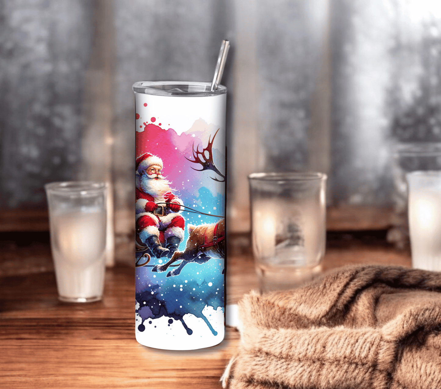 Santa with Sleigh - Christmas 20 oz Skinny Tumbler with Straw - Stainless Steel, Eco-Friendly, Reusable Metal Straw - Lid Drink Drinkware Water Bottles