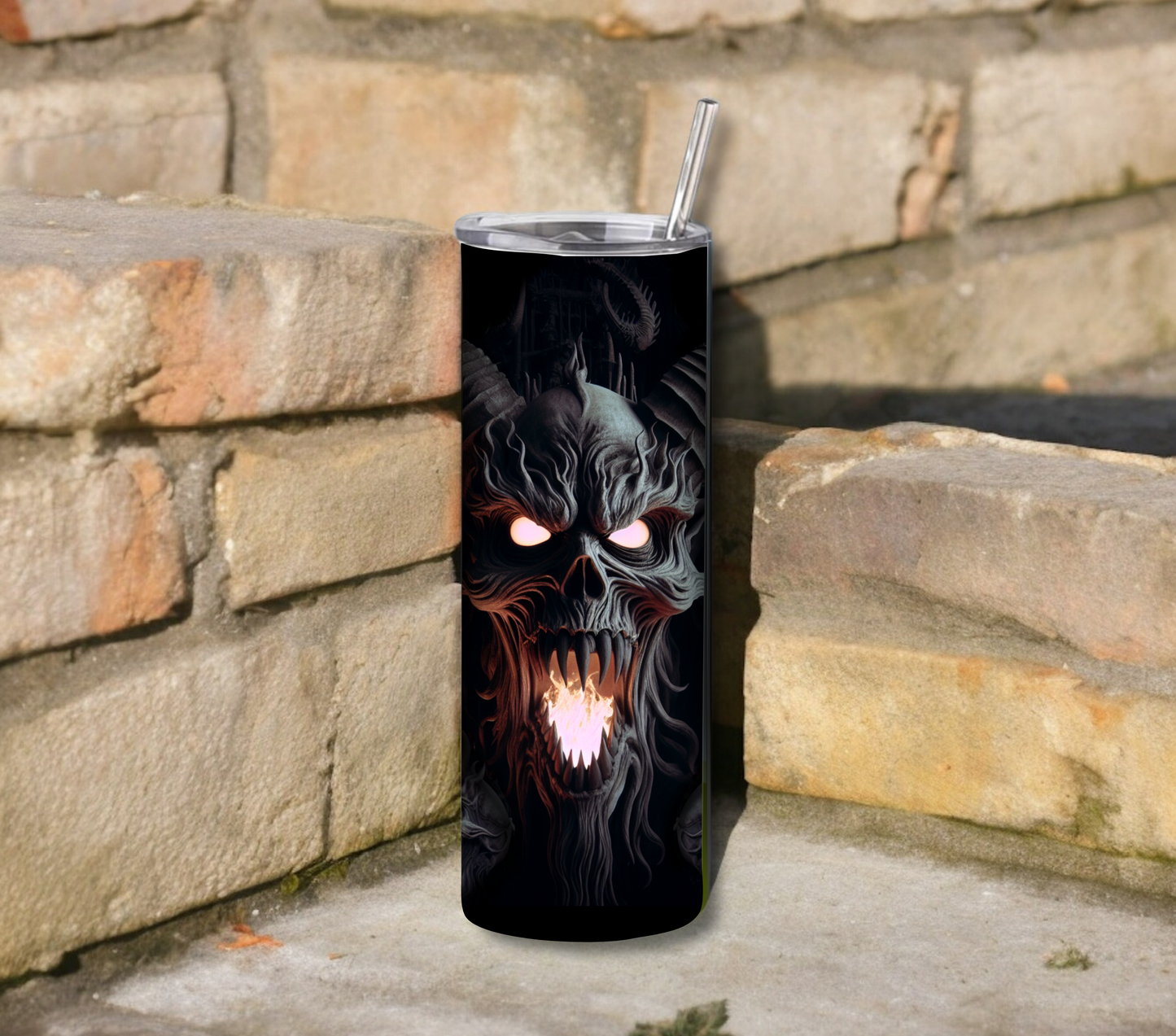 Fire Breathing Demons 20 oz Skinny Tumbler with Straw - Stainless Steel, Eco-Friendly, Reusable Metal Straw - Lid Drink Drinkware Water Bottles