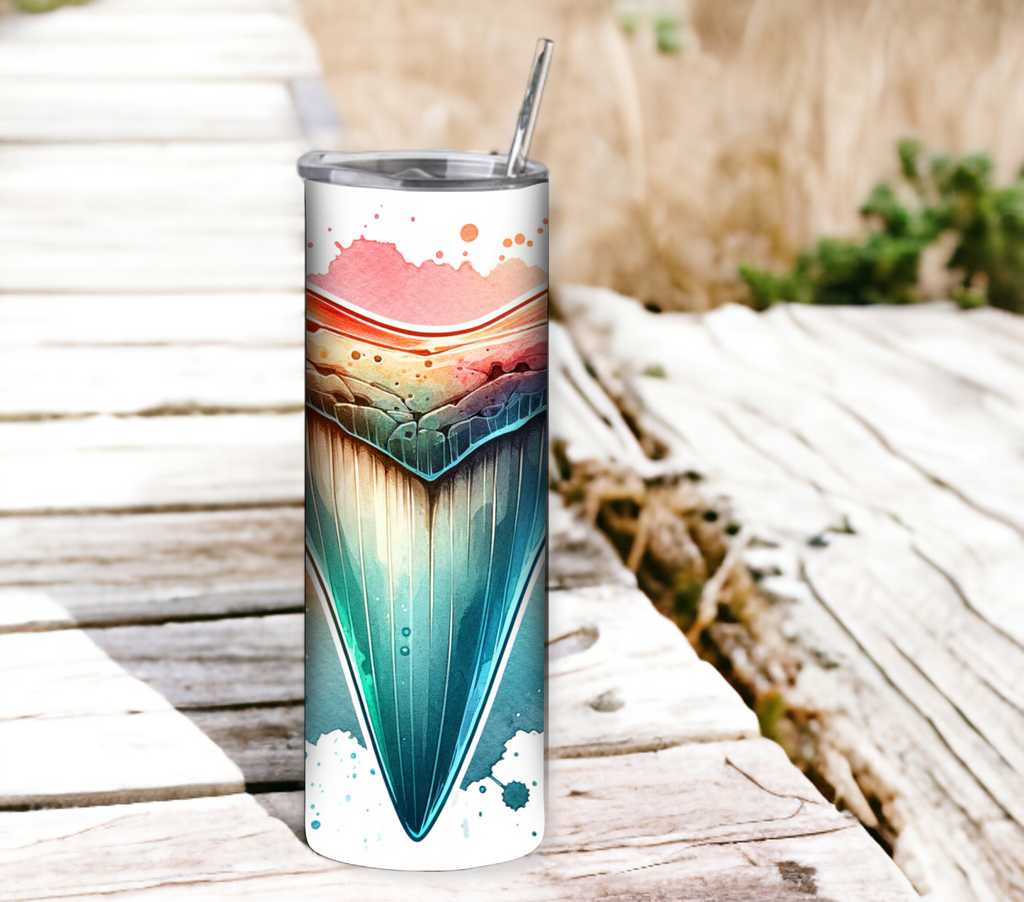 Shark Tooth 20 oz Skinny Tumbler with Straw - Stainless Steel, Eco-Friendly, Reusable Metal Straw - Lid Drink Drinkware Water Bottles