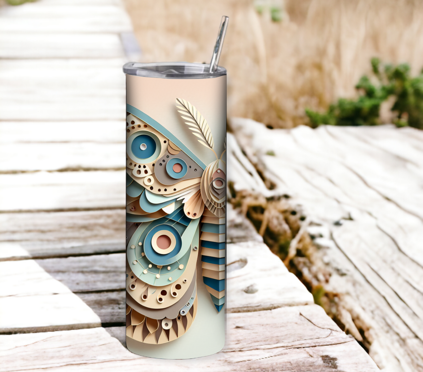 Paper Art Style Moth 20 oz Skinny Tumbler with Straw - Stainless Steel, Eco-Friendly, Reusable Metal Straw - Lid Drink Drinkware Water Bottles