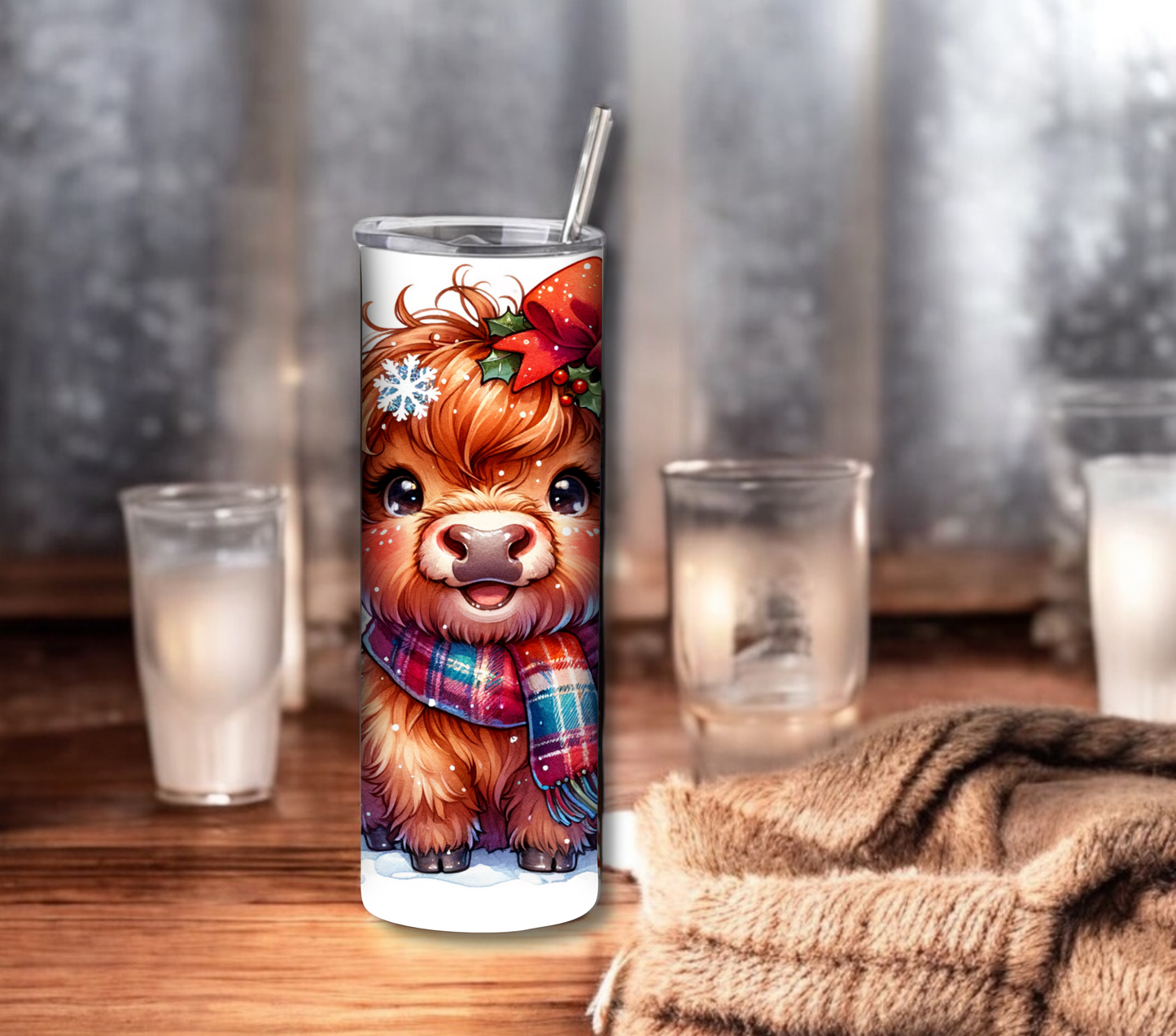 Highland Cow - Christmas 20 oz Skinny Tumbler with Straw - Stainless Steel, Eco-Friendly, Reusable Metal Straw - Lid Drink Drinkware Water Bottles