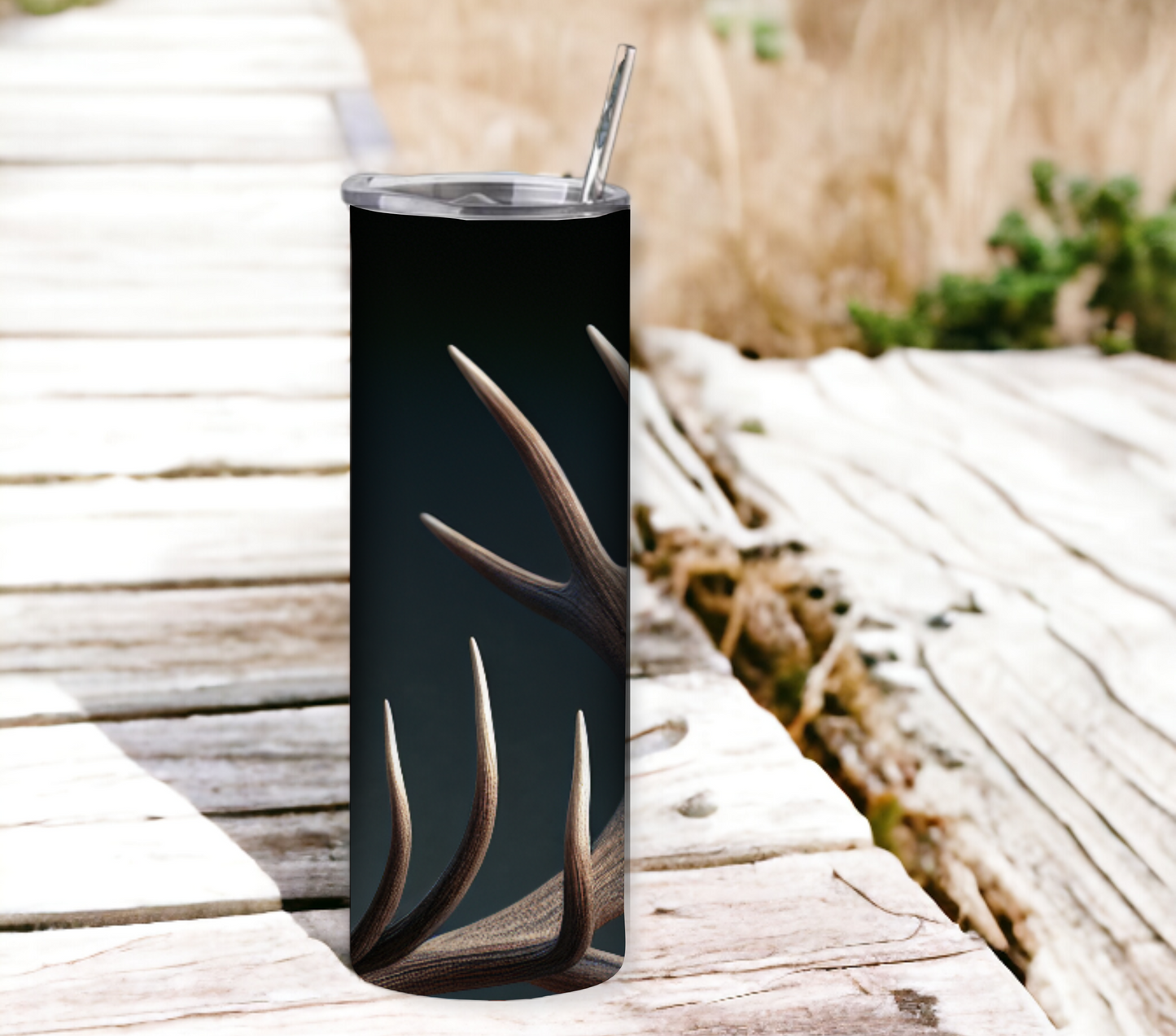 Deer Antlers 20 oz Skinny Tumbler with Straw - Stainless Steel, Eco-Friendly, Reusable Metal Straw - Lid Drink Drinkware Water Bottles