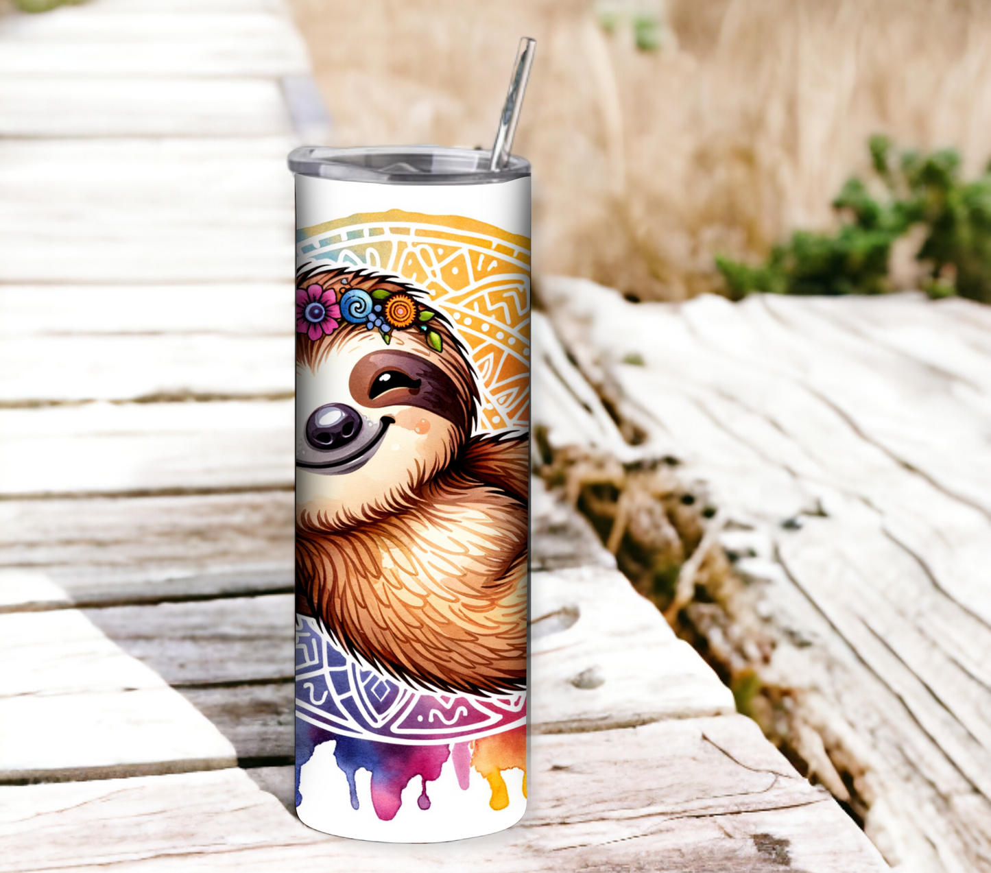 Sloth 20 oz Skinny Tumbler with Straw - Stainless Steel, Eco-Friendly, Reusable Metal Straw - Lid Drink Drinkware Water Bottles