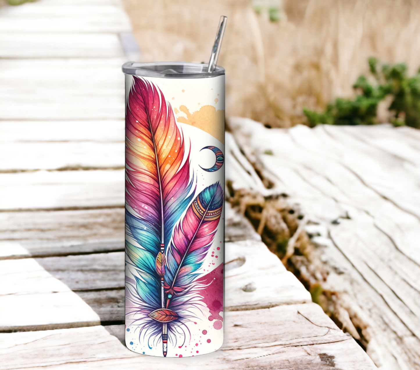 Dreamcatcher 20 oz Skinny Tumbler with Straw - Stainless Steel, Eco-Friendly, Reusable Metal Straw - Lid Drink Drinkware Water Bottles