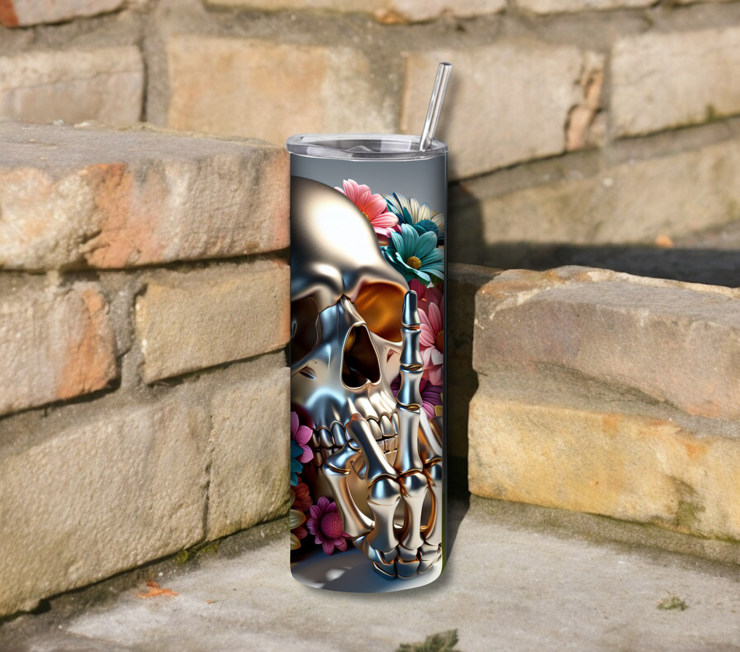 Funny Middle Finger Skull 20 oz Skinny Tumbler with Straw - Stainless Steel, Eco-Friendly, Reusable Metal Straw - Lid Drink Drinkware Water Bottles